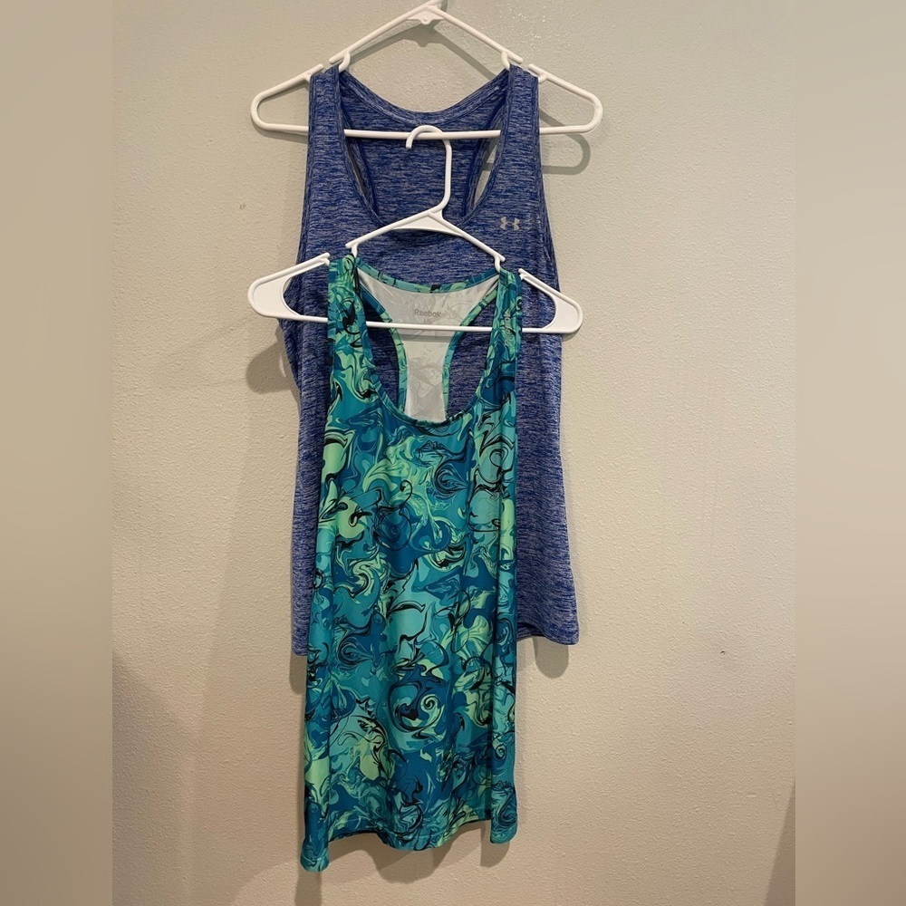 Under Armour Heathered Blue and Redbox Green Swirl Tank Tops